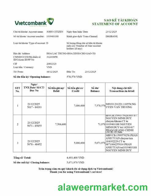 Vietnam Vietcombank statement of account Word and PDF template, version 2